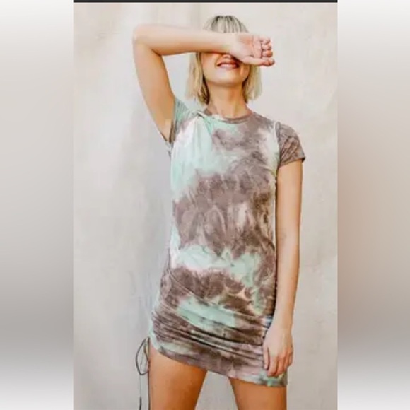 Pretty Garbage Tie Dye T-Shirt Mini Dress Purple Teal White Rouching at Side   S - Picture 2 of 8